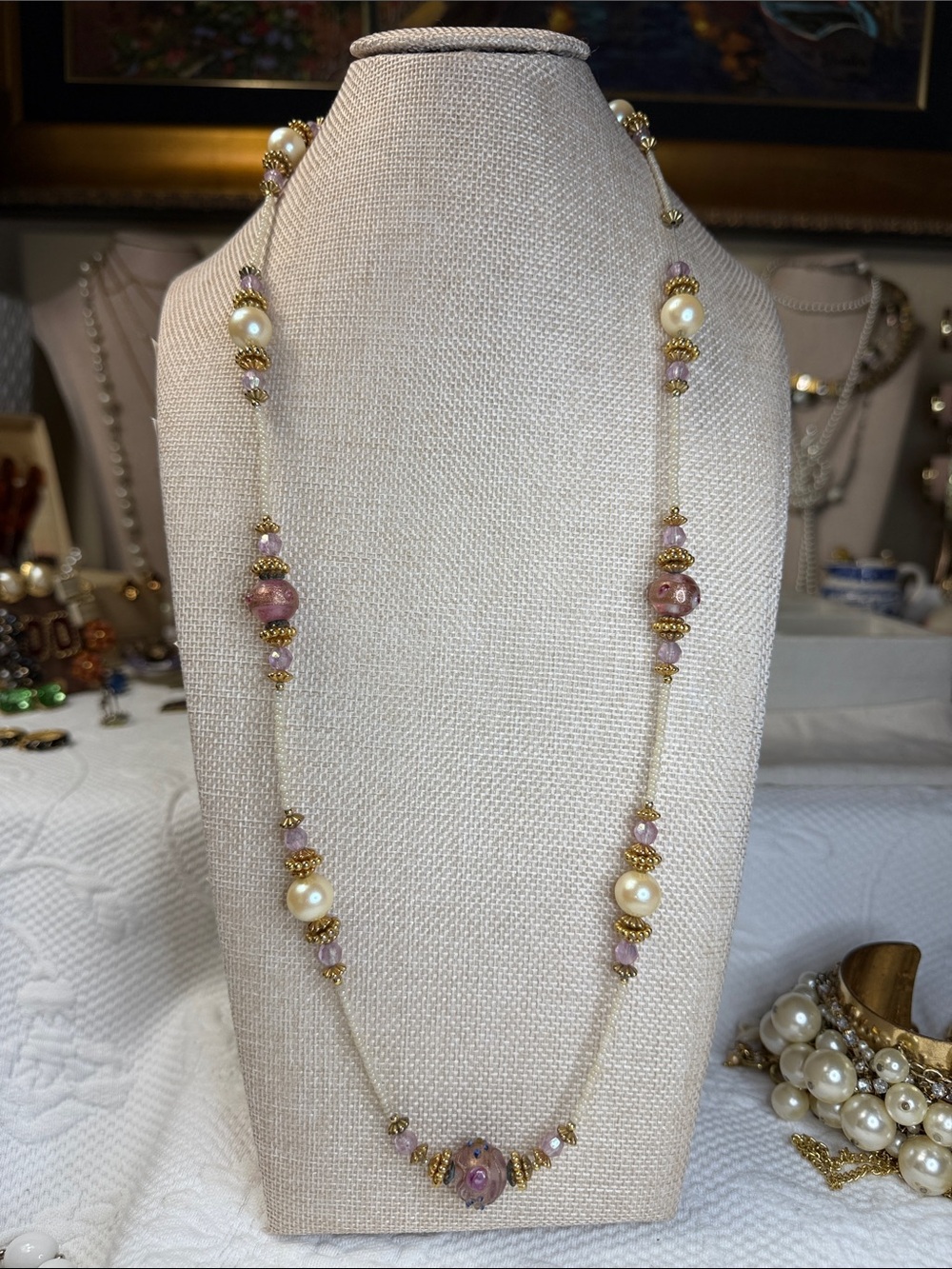Artisan Pink Pearl and Gold Bead Station Necklace